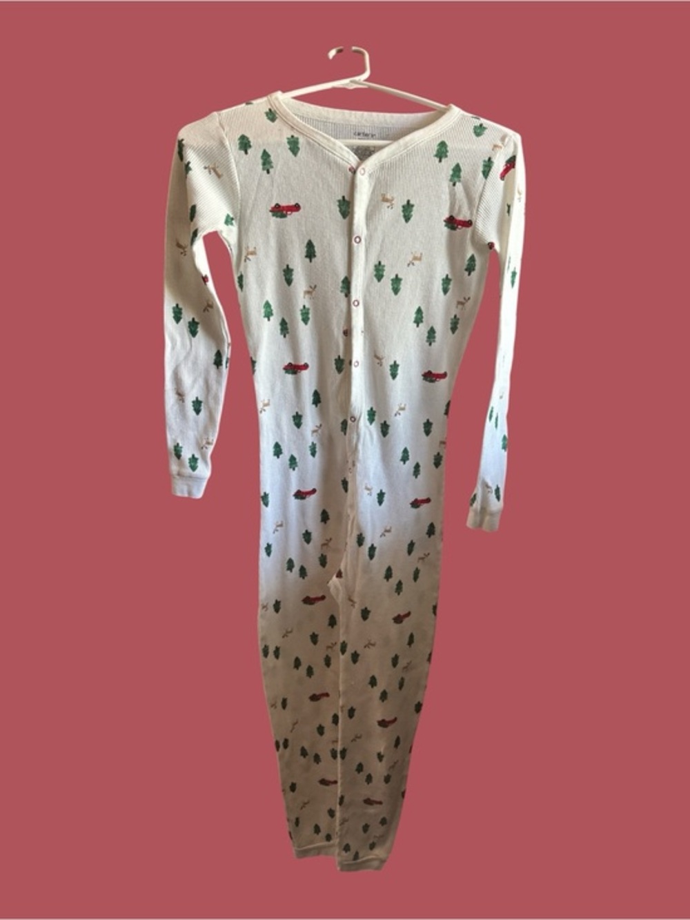 Carter's White Thermal One-Piece Christmas Pajamas Waffle Knit Big Girls Size 14